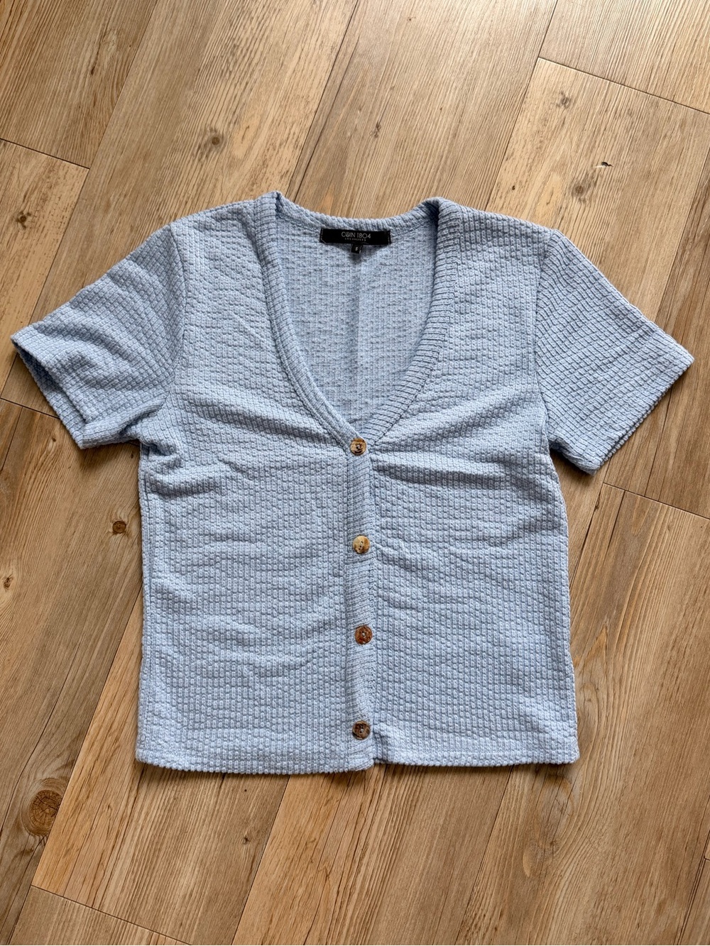 Light Blue Textured V-Neck Button Front Tee